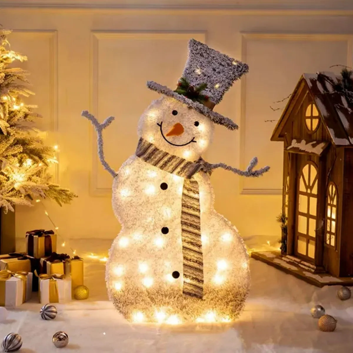 Lighted Snowman with Removable Hands Scarf, Christmas Decoration Lighted Up Snowman Collapsible Battery Operated Snowman for Indoor Outdoor Christmas Tree, at Backyard, Porch, Bedroom