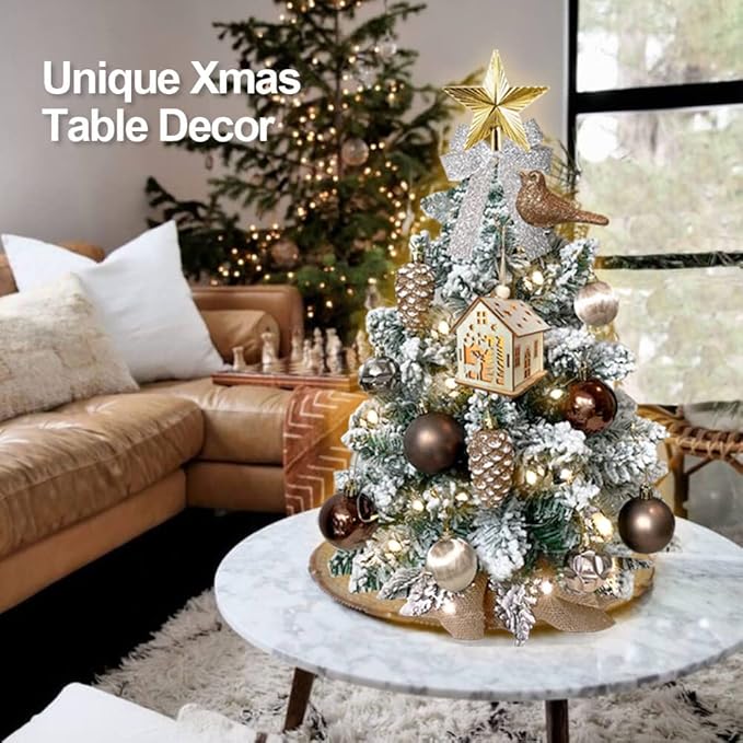 2ft Mini Christmas Tree with Light Artificial Small Tabletop Woodland Christmas Decoration with Flocked Snow, Exquisite Decor & Xmas Ornaments for Table Top for Home & Office, Brown