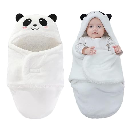 Winmany Baby Hooded Fleece Swaddle Blanket Newborn Fannel Cartoon Receiving Blanket Soft Plush Sleeping Bag Sack Stroller Wrap for Infants Girl Boy 0-6Months (White Panda, 3-6Months)