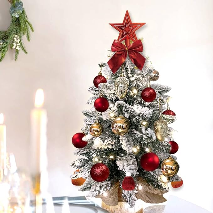 2ft Mini Christmas Tree with Light Artificial Small Tabletop Woodland Christmas Decoration with Flocked Snow, Exquisite Decor & Xmas Ornaments for Table Top for Home & Office, Brown