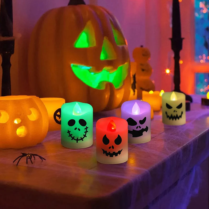 6pcs Halloween Led Ghost Pumpkin Candle Light Halloween Party Indoor Home Bar Decoration Haunted House Horror Props Glow Lamp