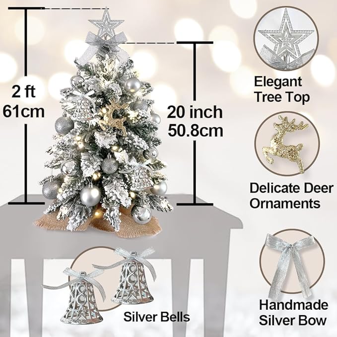 2ft Mini Christmas Tree with Light Artificial Small Tabletop Woodland Christmas Decoration with Flocked Snow, Exquisite Decor & Xmas Ornaments for Table Top for Home & Office, Brown