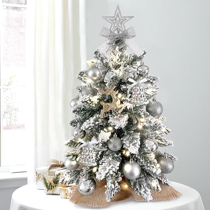 2ft Mini Christmas Tree with Light Artificial Small Tabletop Woodland Christmas Decoration with Flocked Snow, Exquisite Decor & Xmas Ornaments for Table Top for Home & Office, Brown