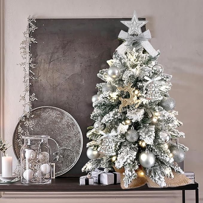 2ft Mini Christmas Tree with Light Artificial Small Tabletop Woodland Christmas Decoration with Flocked Snow, Exquisite Decor & Xmas Ornaments for Table Top for Home & Office, Brown