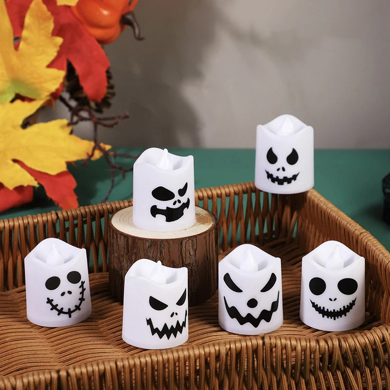 6pcs Halloween Led Ghost Pumpkin Candle Light Halloween Party Indoor Home Bar Decoration Haunted House Horror Props Glow Lamp