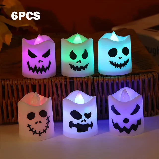 6pcs Halloween Led Ghost Pumpkin Candle Light Halloween Party Indoor Home Bar Decoration Haunted House Horror Props Glow Lamp