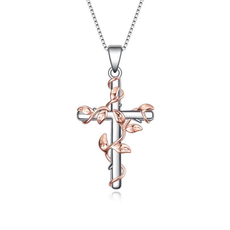 Women Cross Necklace Sterling Silver Birth Flower Pendant Necklace Religious Cross Jewelry Gifts for Women Girls